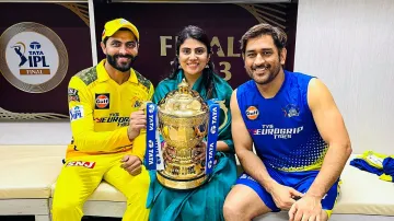 Ravindra Jadeja, Rivaba Jadeja and MS Dhoni.