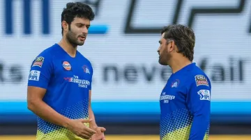 Shivam Dube having a word with MS Dhoni during a practice session of Chennai Super Kings.