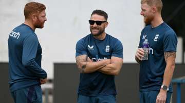 Jonny Bairstow (left), Brendon McCullum (centre) and Ben Stokes (right) during an interaction.