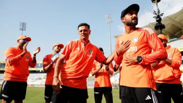 Rahul Dravid hands Akash Deep his Test cap.