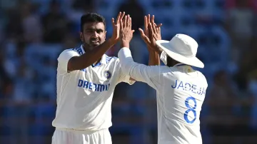 Ravichandran Ashwin celebrates with Ravindra Jadeja.