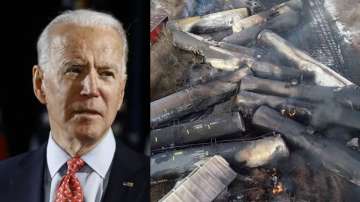 US President Joe Biden (L) and Ohio train derailment sitee (R)