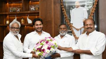 YSRCP president and Andhra Pradesh Chief Minister YS Jagan Mohan Reddy (second left) with party leaders 