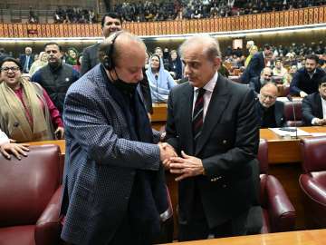 Pakistan Prime Minister-elect Shehbaz Sharif with his brother Nawaz Sharif.