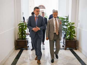 Ukraine Foreign Minister Dmytro Kuleba with his Indian counterpart Dr S Jaishankar in New Delhi.