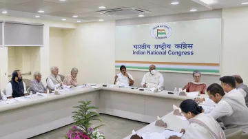 Congress President Mallikarjun Kharge with party leaders Sonia Gandhi and KC Venugopal during a ‘Central Election Committee (CEC) meeting’ with the party leaders of Goa, in New Delhi.