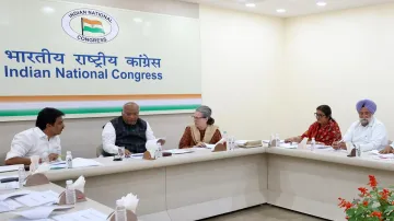 Congress chief Mallikarjun Kharge, former party chief Sonia Gandhi among other leaders during CEC meeting.