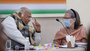 Congress President Mallikarjun Kharge with party leader Sonia Gandhi during the Congress Central Election Committee (CEC) meeting for the upcoming Lok Sabha polls, at AICC Headquarters in New Delhi.