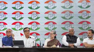 Congress President Mallikarjun Kharge and party leaders Sonia Gandhi, Rahul Gandhi, Ajay Maken and Jairam Ramesh brief the media, at AICC headquarters, in New Delhi.