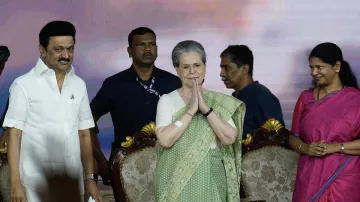 Tamil Nadu Chief Minister MK Stalin with Congress leader Sonia Gandhi and DMKs Kanimozhi during an event.