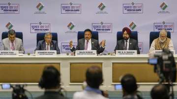 Chief Election Commissioner Rajiv Kumar with Election Commissioners Gyanesh Kumar and SS Sandhu during announcement of the schedule for General Elections 2024.