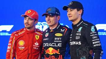 Charles Leclerc, Max Verstappen and George Russell