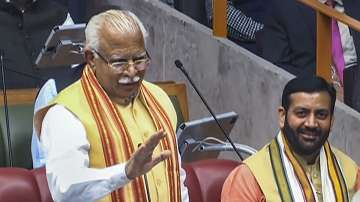 Former Haryana chief minister Manohar Lal speaks in the state assembly during voting on the confidence motion moved by Chief Minister Nayab Singh Saini, in Chandigarh.