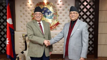 Nepal PM Prachanda with ex-premier KP Singh Oli 