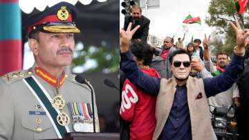 Pakistan army chief General Asim Munir (L) and PTI supporters protesting against the election fraud 
