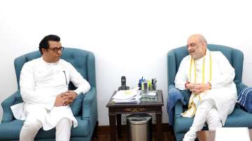 Union Home Minister Amit Shah with Maharashtra Navnirman Sena (MNS) chief Raj Thackeray during a meeting, in New Delhi.