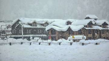Snowfall at a tourist destination of Sonamarg in Ganderbal district of Jammu and Kashmir.