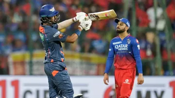 KL Rahul reacts after getting out against the Royal Challengers Bengaluru as Virat Kohli watches on