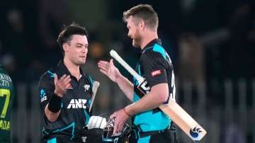 Mark Chapman and Jimmy Neesham after New Zealand's 7-wicket win against Pakistan in the third T20I