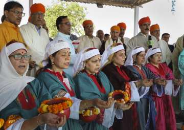 Kashmiri Pandits during celebrations of Navreh (Kashmiri New Year), at Mata Badrakali temple on the outskirts of Jammu