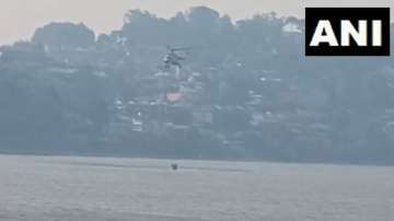 IAF Chopper takes water from Bhimtal Lake in Nainital.