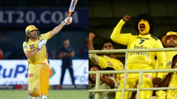 MS Dhoni's one-handed six makes fans go crazy.