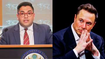 US State Department Principal Deputy Spokesperson Vedant Patel (L) and Tesla CEO Elon Musk