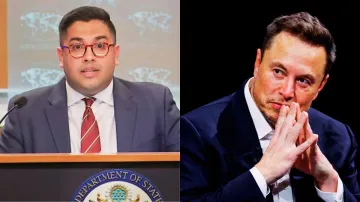 US State Department Principal Deputy Spokesperson Vedant Patel (L) and Tesla CEO Elon Musk