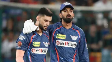 LSG players Naveen-ul-Haq and KL Rahul at the IPL 2024