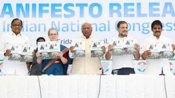 Congress leaders P Chidambaram, Sonia Gandhi, Mallikarjun Kharge, Rahul Gandhi and KC Venugopal launch the Nyay Patra.