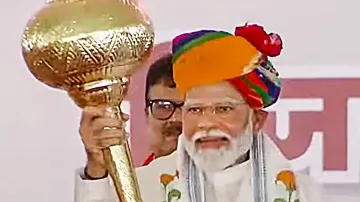 Prime Minister Narendra Modi during a public meeting for Lok Sabha elections, in Tonk district, Rajasthan.