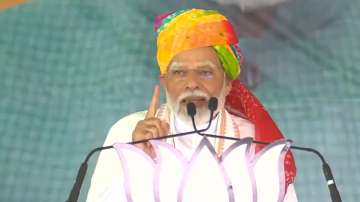 Prime Minister Narendra Modi addresses a rally in Rajasthan.