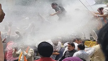 Delhi BJP chief Virendra Sachdeva during protest against Delhi government