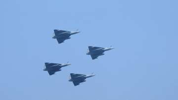 Four Tejas aircrafts fly past in Diamond formation during the 75th Republic Day parade, at the Kartavya Path in New Delhi.