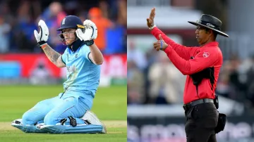 Ben Stokes' reaction after a throw from Martin Guptill hit his bat and reached the boundary with umpire Kumar Dharmasena signalling a six