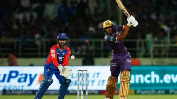 Angkrish Raghuvanshi playing a shot against Delhi Capitals.