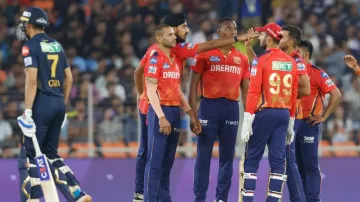 Punjab Kings celebrate Shubman Gill's wicket.