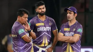 Gautam Gambhir, Shreyas Iyer and Chandrakant Pandit (right to left).