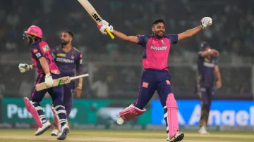 Avesh Khan jumps in joy after last-ball win over KKR.