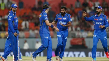 Jasprit Bumrah with his Mumbai Indians teammates.