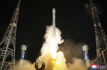 The launch of the Malligyong-1, a military spy satellite, into orbit on November 21, 2023. 