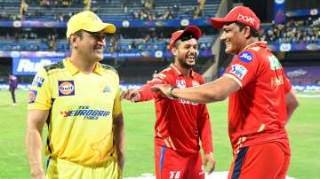 MS Dhoni and Anil Kumble during a friendly chat alongside Mayank Agarwal after the IPL 2022 game between Chennai Super Kings and Punjab Kings