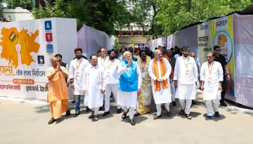 Prime Minister Narendra Modi accompanied by Union Home Minister Amit Shah, BJP President J P Nadda, UP CM Yogi Adityanath and other NDA leaders, comes out after filing his nomination papers for Lok Sabha polls, in Varanasi