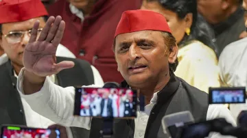 Samajwadi Party President Akhilesh Yadav addresses a press conference, at the party office in Lucknow.