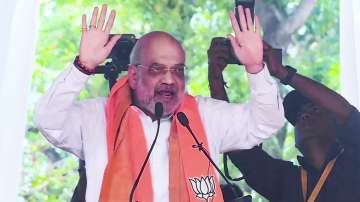 Union Home Minister Amit Shah addresses a public meeting ahead of the third phase of Lok Sabha elections.