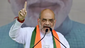 Union Home Minister Amit Shah addresses during a public meeting amid Lok Sabha elections in the country.