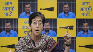 AAP minister Atishi addresses a press conference in Delhi.