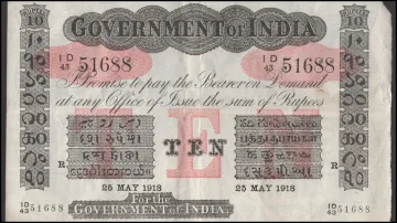 The 1918-marked Indian Rs 10 currency note, which will go for auction on Wednesday.