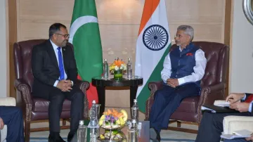 External Affairs Minister Dr S Jaishankar with Maldivian counterpart Moosa Zameer in New Delhi.