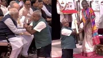 Dr. KS Rajanna greeting PM Modi and receiving Padma Shri from President Droupadi Murmu 